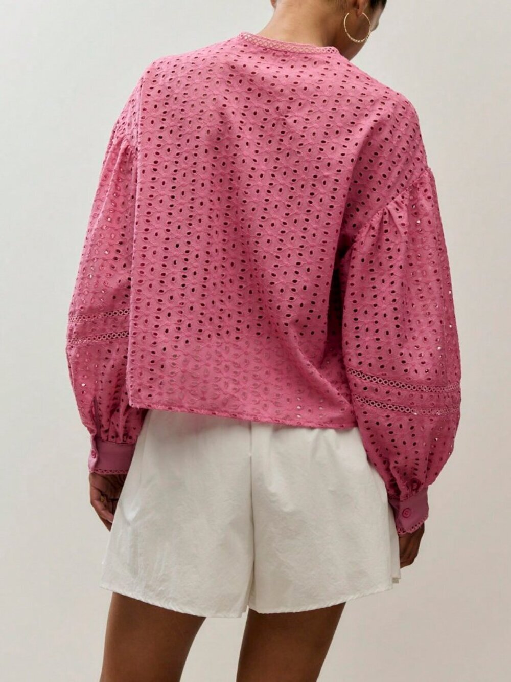 Pink Casual Women's Button Down Eyelet Blouse - Picture 2 of 6